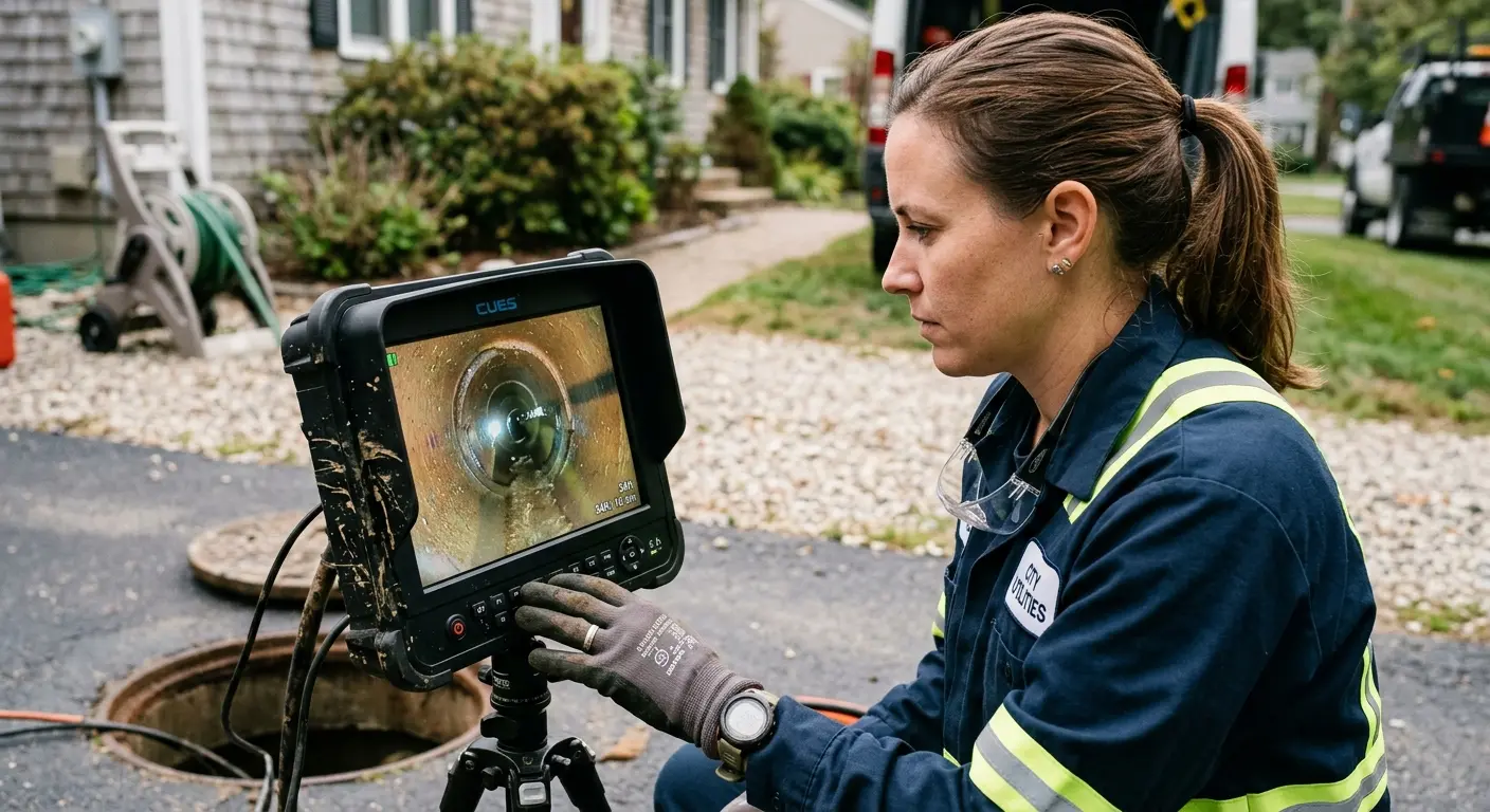 Technician reviewing sewer camera inspection footage in Hopkinton