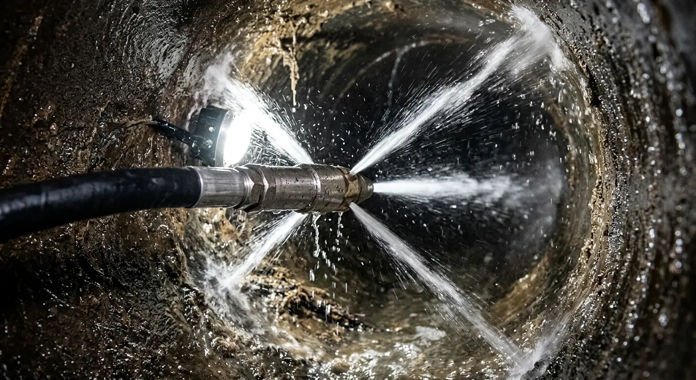 High-pressure hydro jetting nozzle cleaning sewer pipe for Emergency Drain Service in Hopkinton