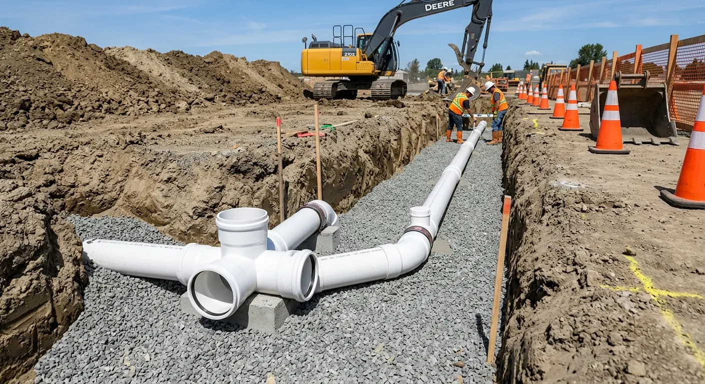New PVC sewer pipe installation in open trench for Commercial Drain Cleaning in Hopkinton
