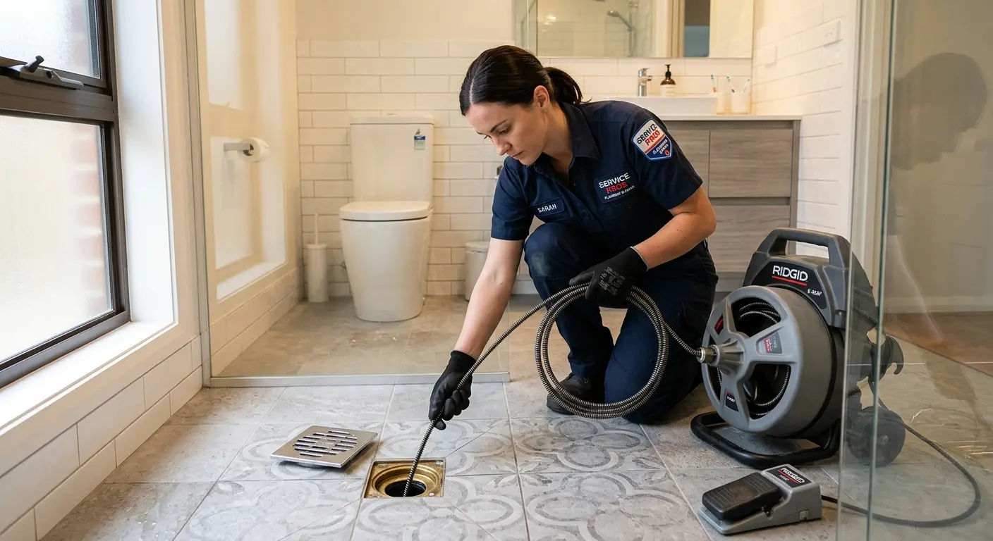 Technician clearing a bathroom floor drain for Drain Cleaning in Hopkinton